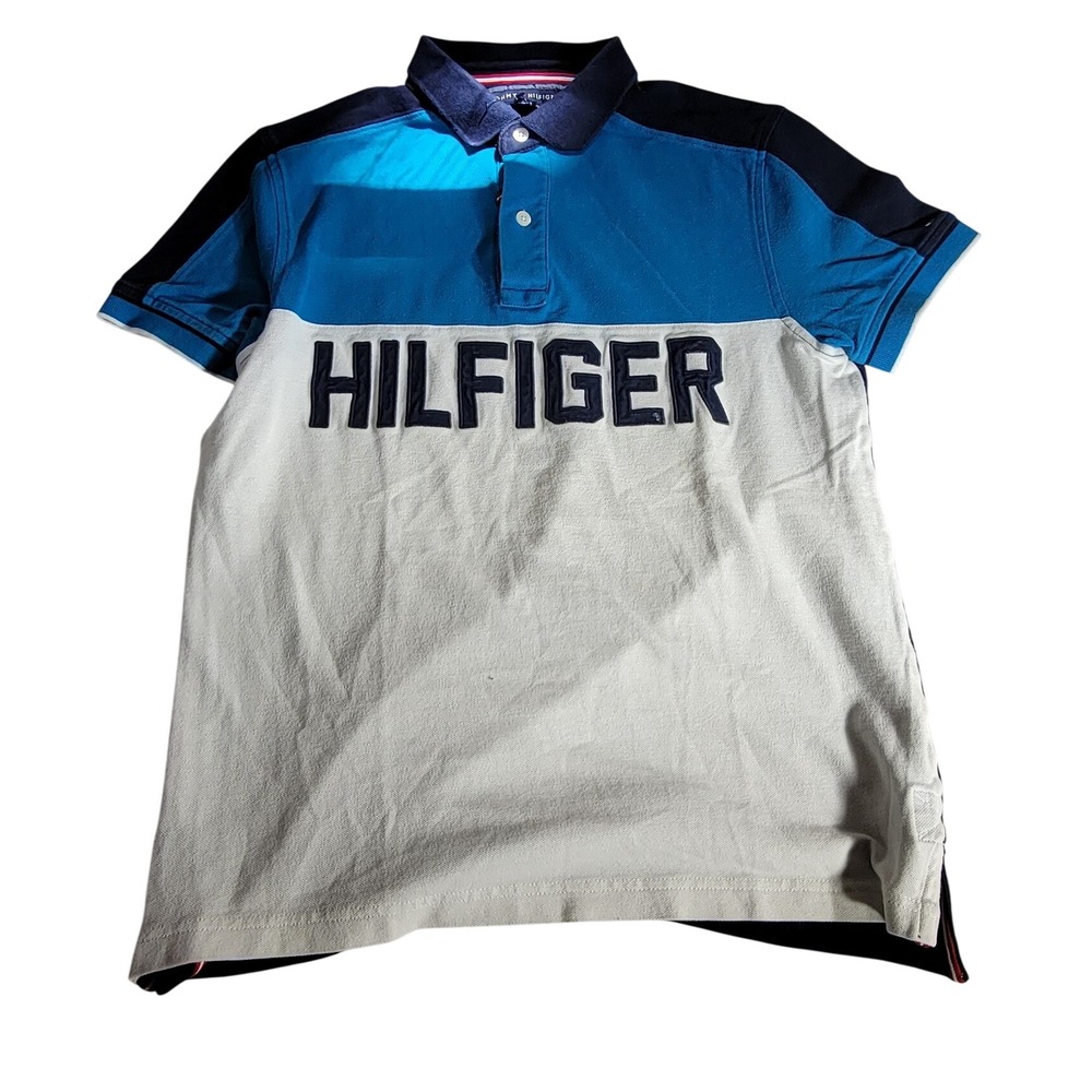 Tommy Hilfiger Mens Custom Fit Colorblock Logo Polo Shirt Blue White Navy M